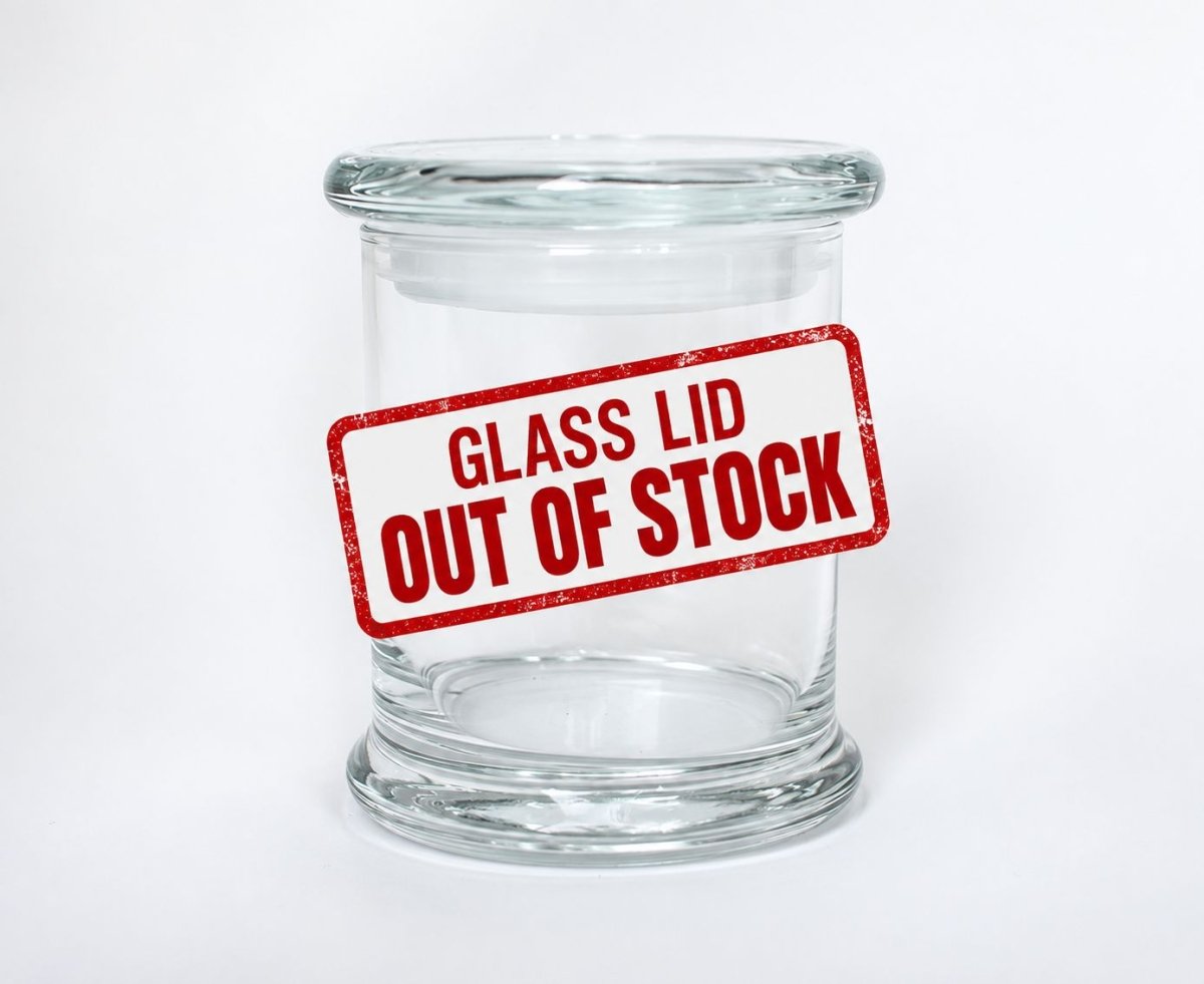 A clear glass jar with a matching glass lid, featuring a red and white 'GLASS LID OUT OF STOCK' stamp overlay, on a white background.