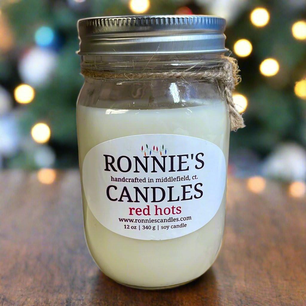 Red Hots soy candle with cinnamon and candy aroma, perfect for cozy, festive ambiance