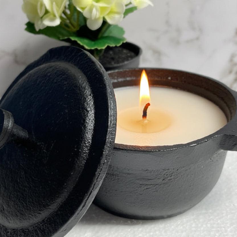 Cast iron Dutch oven used as a wax warmer for efficient and stylish home fragrance solutions