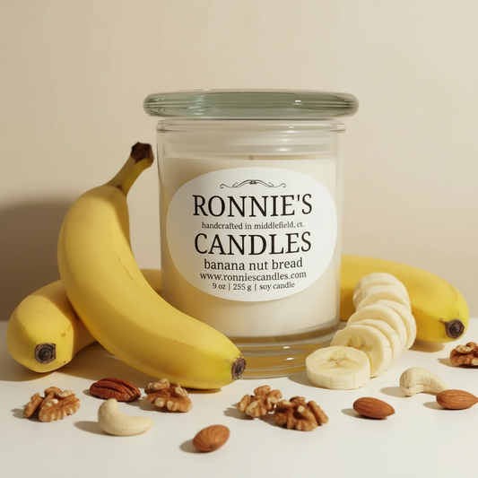 Banana-scented candle with cotton wick and soy wax, inspired by banana nut bread aroma for a cozy ambiance