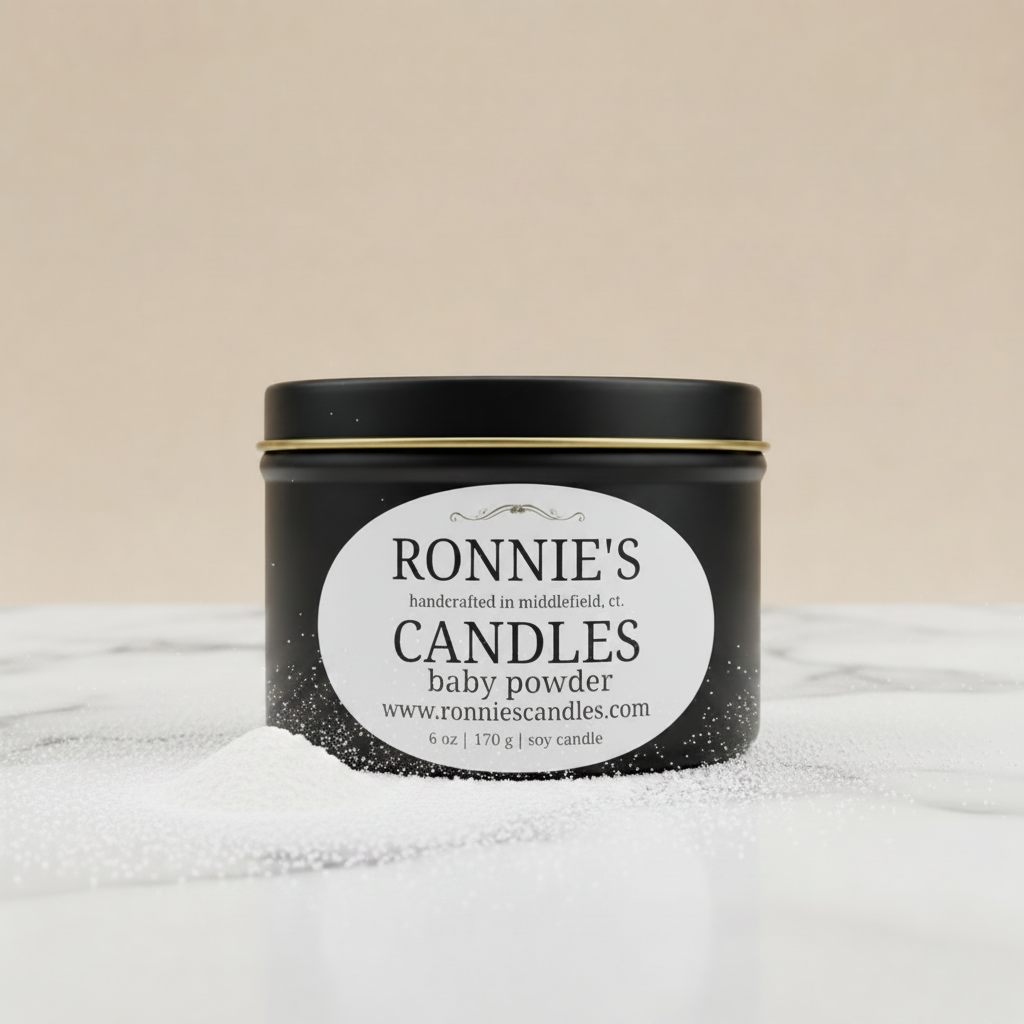 Baby powder scented soy wax candle with strong scent, perfect for a calming and fragrant atmosphere.