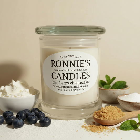 Blueberry cheesecake scented candle inspired by baked goods, perfect for food lovers