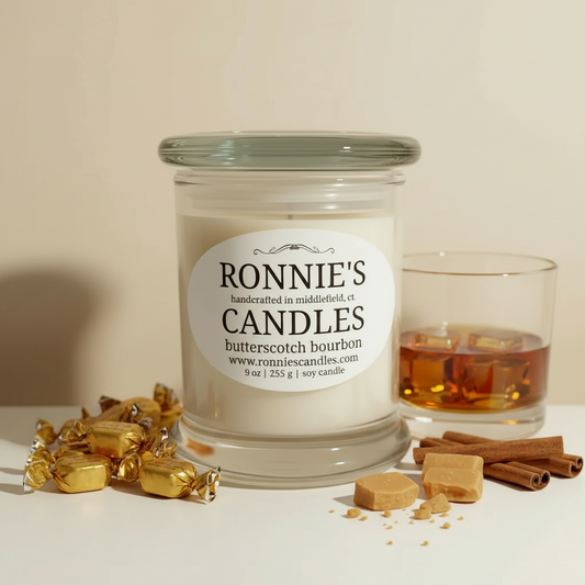 Elegant soy candle with rich butterscotch and smooth bourbon aroma, perfect sweet fragrance for home ambiance