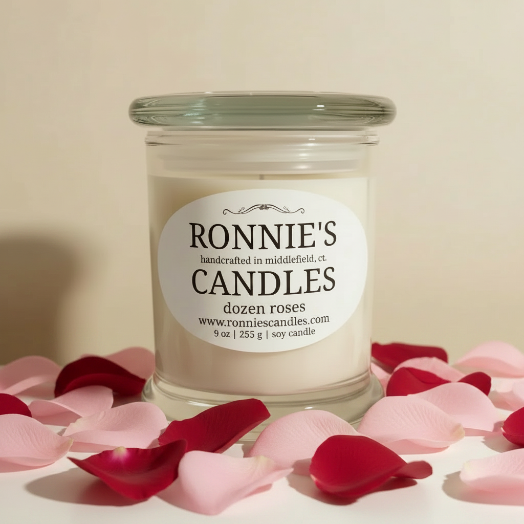 Dozen roses with soy candle emitting strong floral fragrance for elegant home ambiance