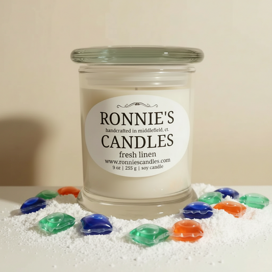 Fresh linen scented soy candle creating a cozy and natural ambiance in your home