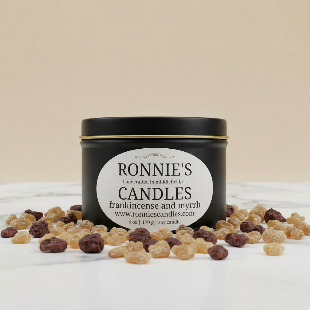 Frankincense and Myrrh soy candle emitting a soothing scent for relaxation and ambiance