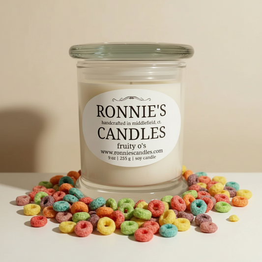 Fruity O's cereal-themed soy candle resembling breakfast loops - fragrant and decorative home scent