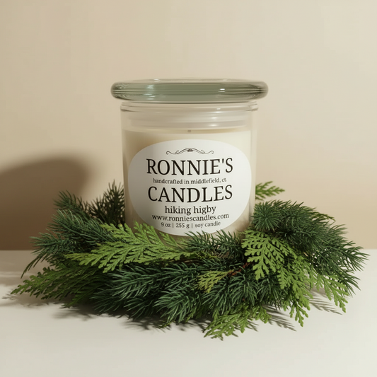 Cozy soy candle with pine and cedar scents perfect for relaxing after a hiking adventure