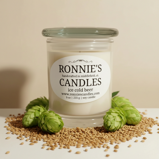 Ice Cold Beer soy candle featuring hops aroma, a unique beverage candle for refreshing home ambiance