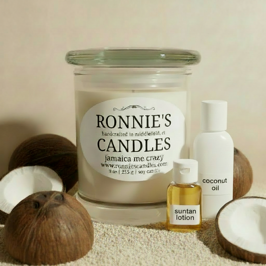 Jamaica-inspired soy candle with coconut scent and suntan oil aroma for a tropical, relaxing home vibe