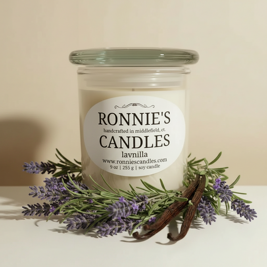 Lavnilla soy candle featuring soothing lavender and vanilla scents for a relaxing aromatic experience