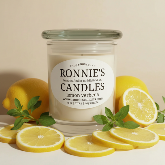 Lemon Verbena soy candle emitting refreshing citrus aroma, perfect for a calming and natural home ambiance