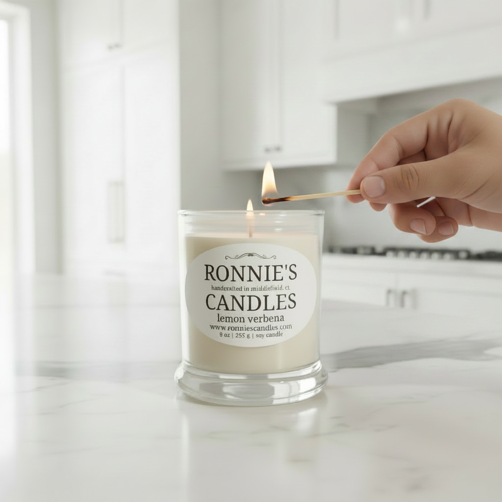 Lemon Verbena soy candle emitting refreshing citrus aroma, perfect for a calming and natural home ambiance