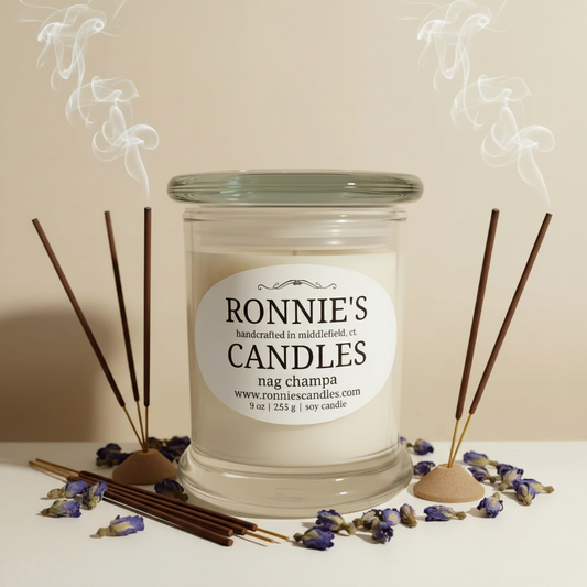 Nag Champa soy candle with old world incense aroma for a calming and spiritual ambiance