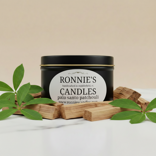Palo Santo and Patchouli soy candle with warm fragrance creating a spa-like ambiance for relaxation