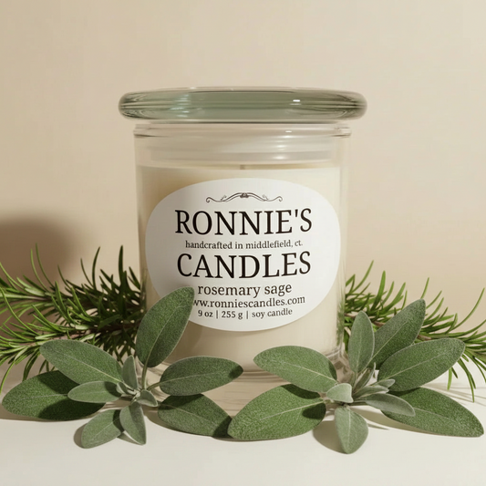 Long-burning soy candle infused with aromatic rosemary and sage for a soothing, natural fragrance experience.
