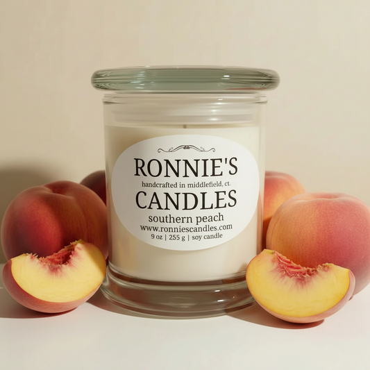 Southern Peach soy candle featuring a fresh peach scent, clean burning for an inviting atmosphere.