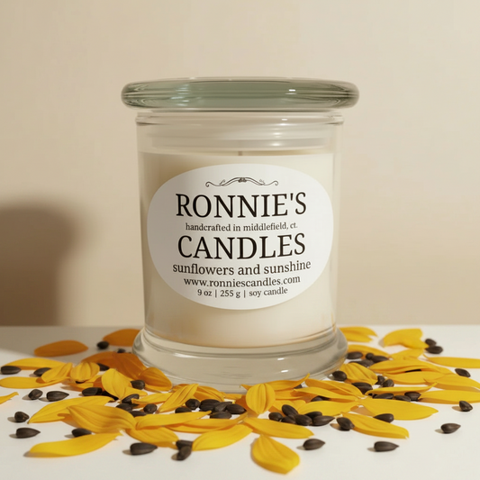 Sunflowers and floral soy candle evoking summer ambiance with natural scents for home decor