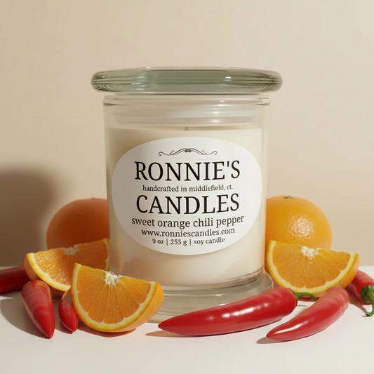 Sweet Orange and Chili Pepper scented soy candle, paraffin-free for a natural, eco-friendly ambiance