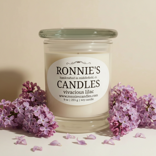 Vivacious lilac scented natural soy candle, handmade with eco-friendly ingredients, perfect for home ambiance