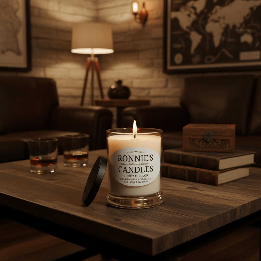 Luxurious amber tobacco fragrance soy candle with rich amber and premium tobacco essence
