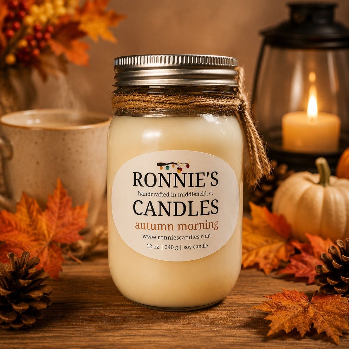 A 12 oz soy candle in a clear glass mason jar with a silver metal lid and a twine-wrapped neck, labeled 'RONNIE'S CANDLES autumn morning'. The jar is set on a rustic wooden table surrounded by autumn-themed props including fall leaves, pinecones, a small pumpkin, a mug, and a lit lantern in the background.