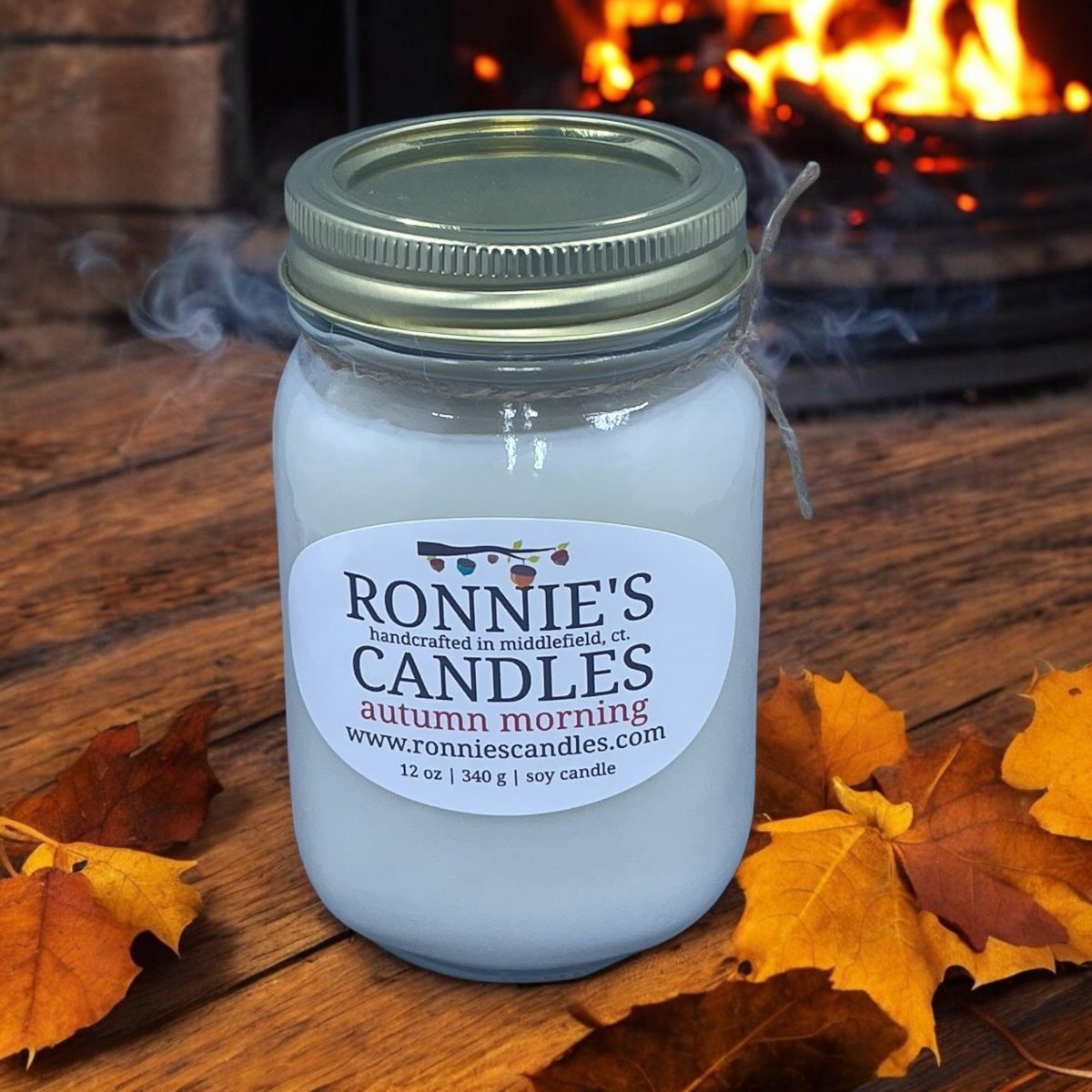 Luxurious autumn soy candle radiating warm fall mornings with a rich, inviting autumn fragrance