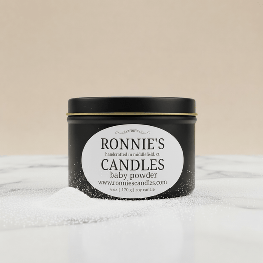 Baby powder scented soy wax candle with strong scent, perfect for a calming and fragrant atmosphere.
