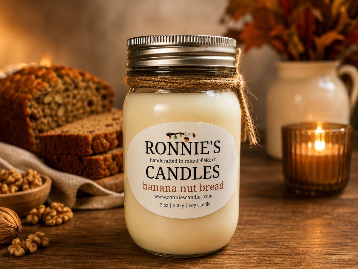 A mason jar candle labeled 'RONNIE'S CANDLES banana nut bread' sits on a wooden table with a warm rustic setting. Slices of bread, walnuts, a lit candle, and a ceramic vase are blurred in the background.