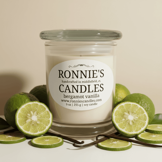 Elegant soy candle infused with bergamot, vanilla, and citrus for a refreshing aromatic experience