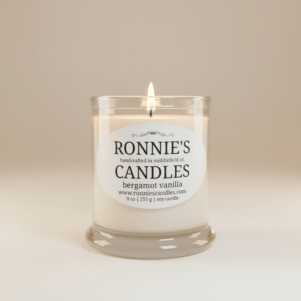 Elegant soy candle infused with bergamot, vanilla, and citrus for a refreshing aromatic experience