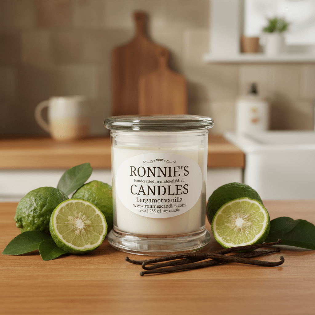 Elegant soy candle infused with bergamot, vanilla, and citrus for a refreshing aromatic experience