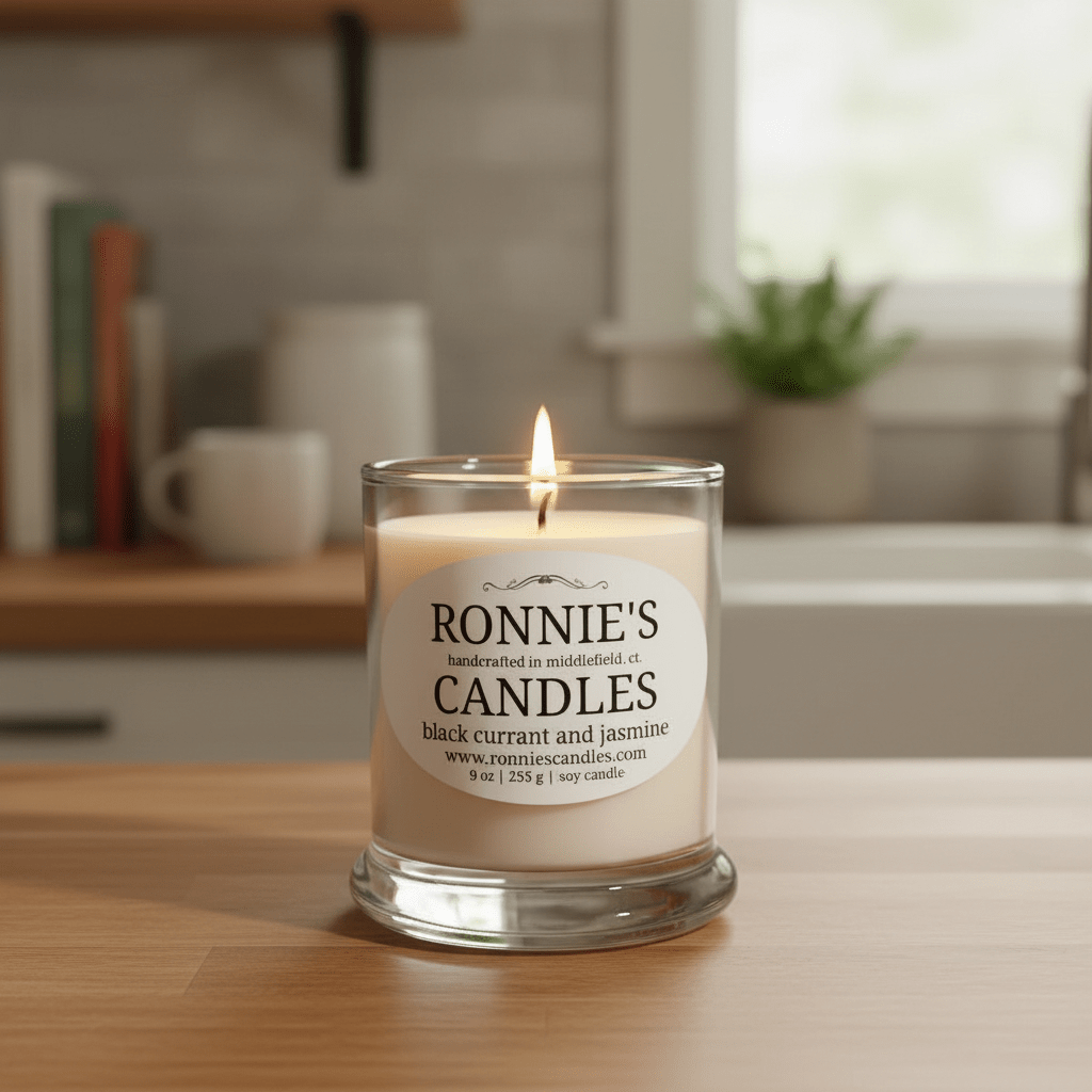 Black Currant and Jasmine scented soy wax candle in an elegant container, perfect for aromatherapy and home decoration