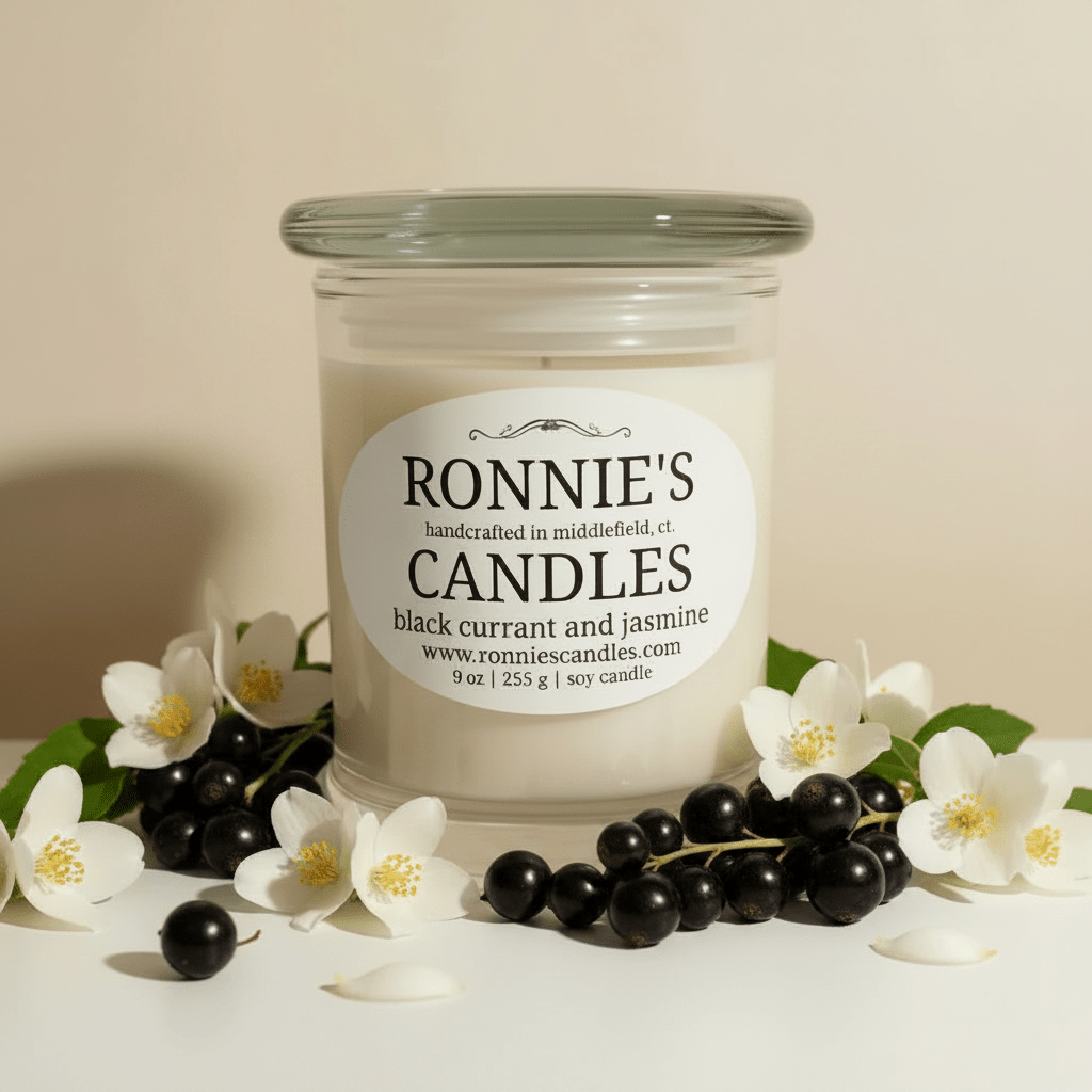 Black Currant and Jasmine scented soy wax candle in an elegant container, perfect for aromatherapy and home decoration