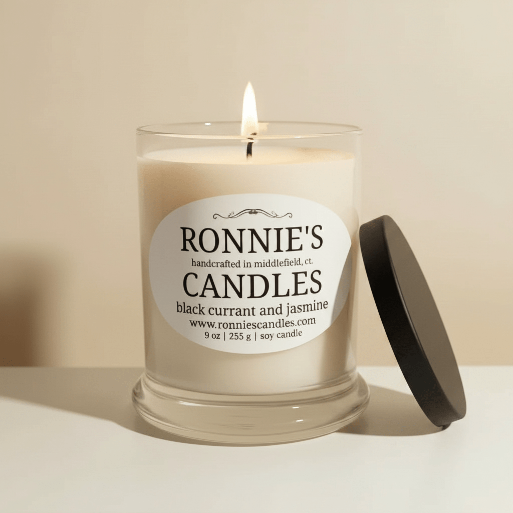 Black Currant and Jasmine scented soy wax candle in an elegant container, perfect for aromatherapy and home decoration
