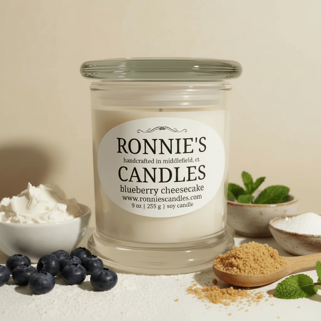 Blueberry cheesecake scented candle inspired by baked goods, perfect for food lovers