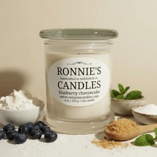 Blueberry cheesecake scented candle inspired by baked goods, perfect for food lovers