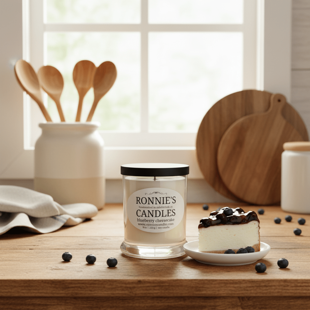 Blueberry cheesecake scented candle inspired by baked goods, perfect for food lovers