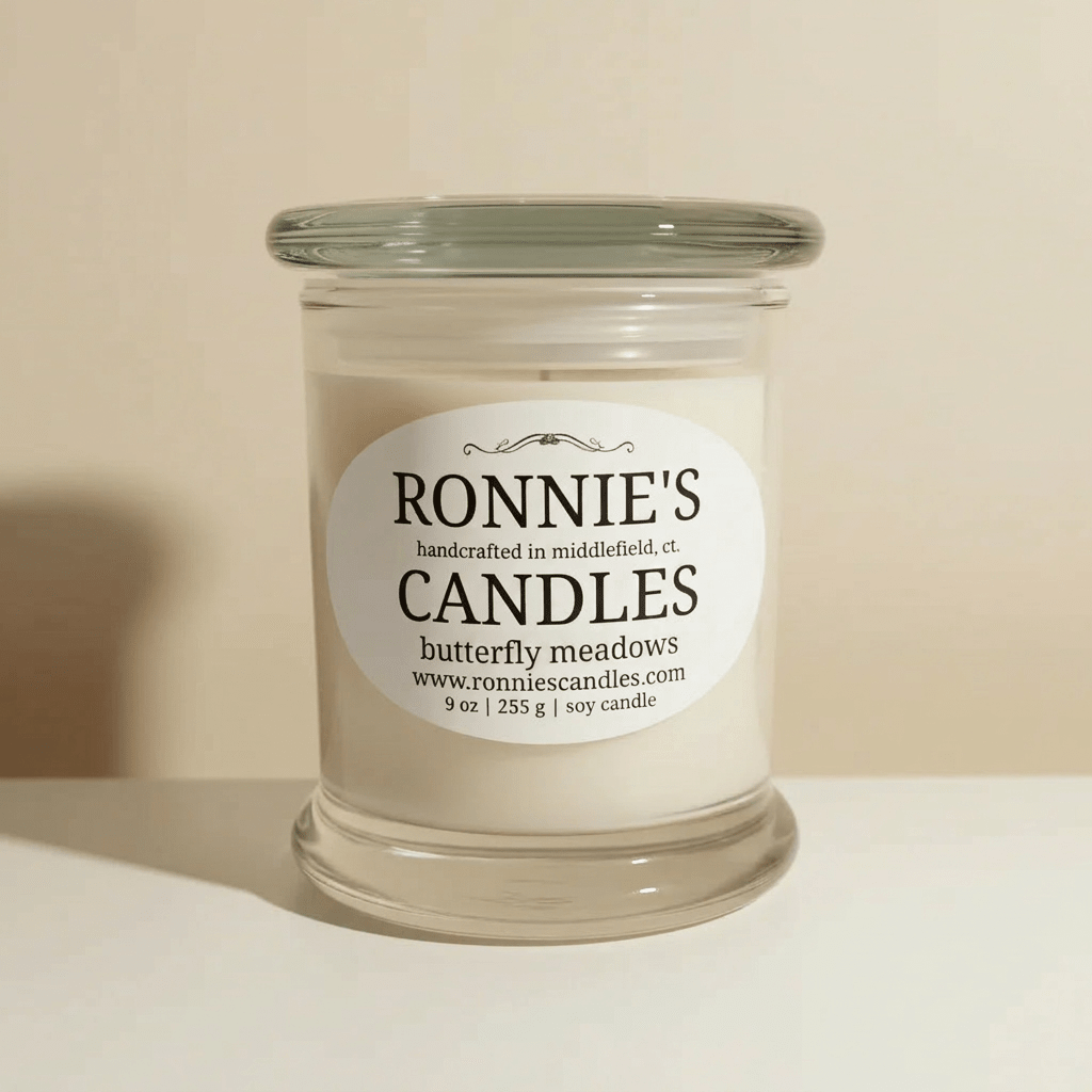 Butterfly Meadows soy candle radiating luxury and elegance with aromatic, eco-friendly ambiance.