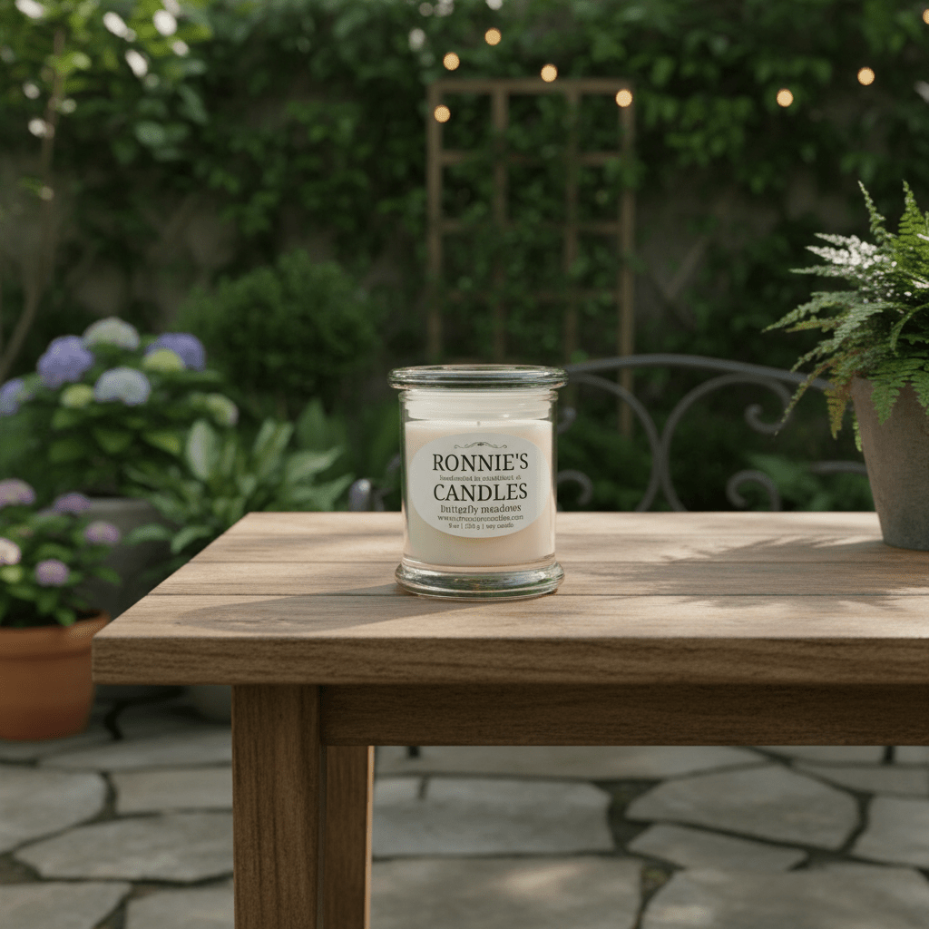 Butterfly Meadows soy candle radiating luxury and elegance with aromatic, eco-friendly ambiance.