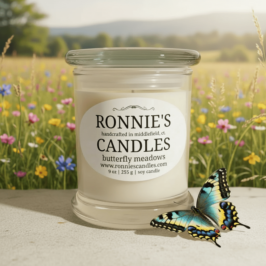 Butterfly Meadows soy candle radiating luxury and elegance with aromatic, eco-friendly ambiance.