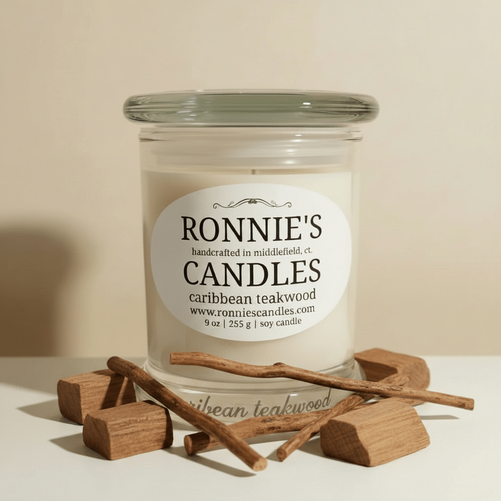 Caribbean teakwood candle with rich fragrance and woody aroma for a luxurious home ambiance
