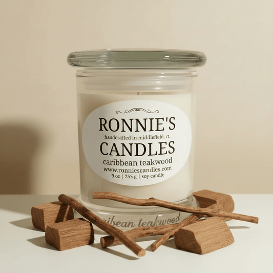 Caribbean teakwood candle with rich fragrance and woody aroma for a luxurious home ambiance