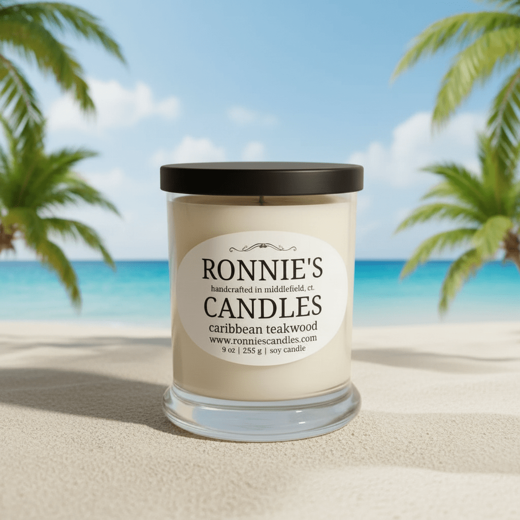 Caribbean teakwood candle with rich fragrance and woody aroma for a luxurious home ambiance