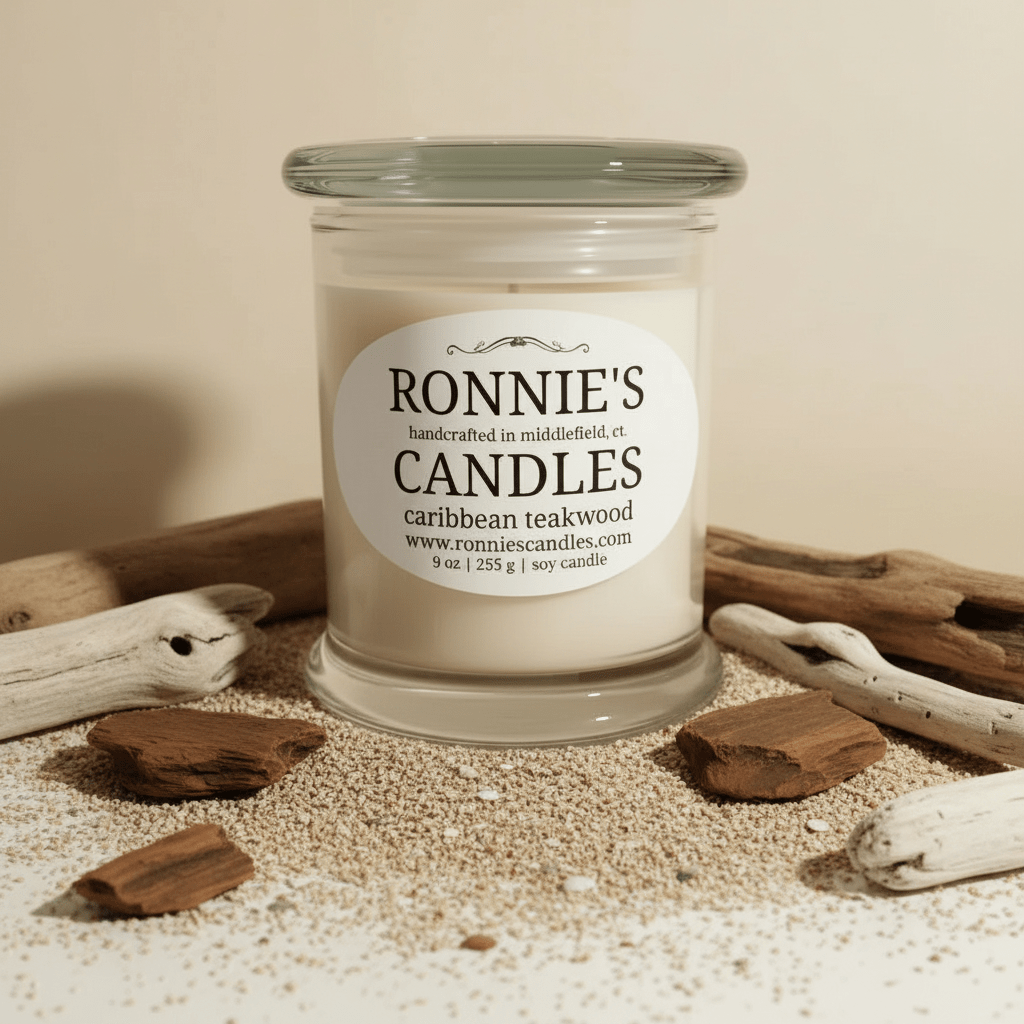 Caribbean teakwood candle with rich fragrance and woody aroma for a luxurious home ambiance