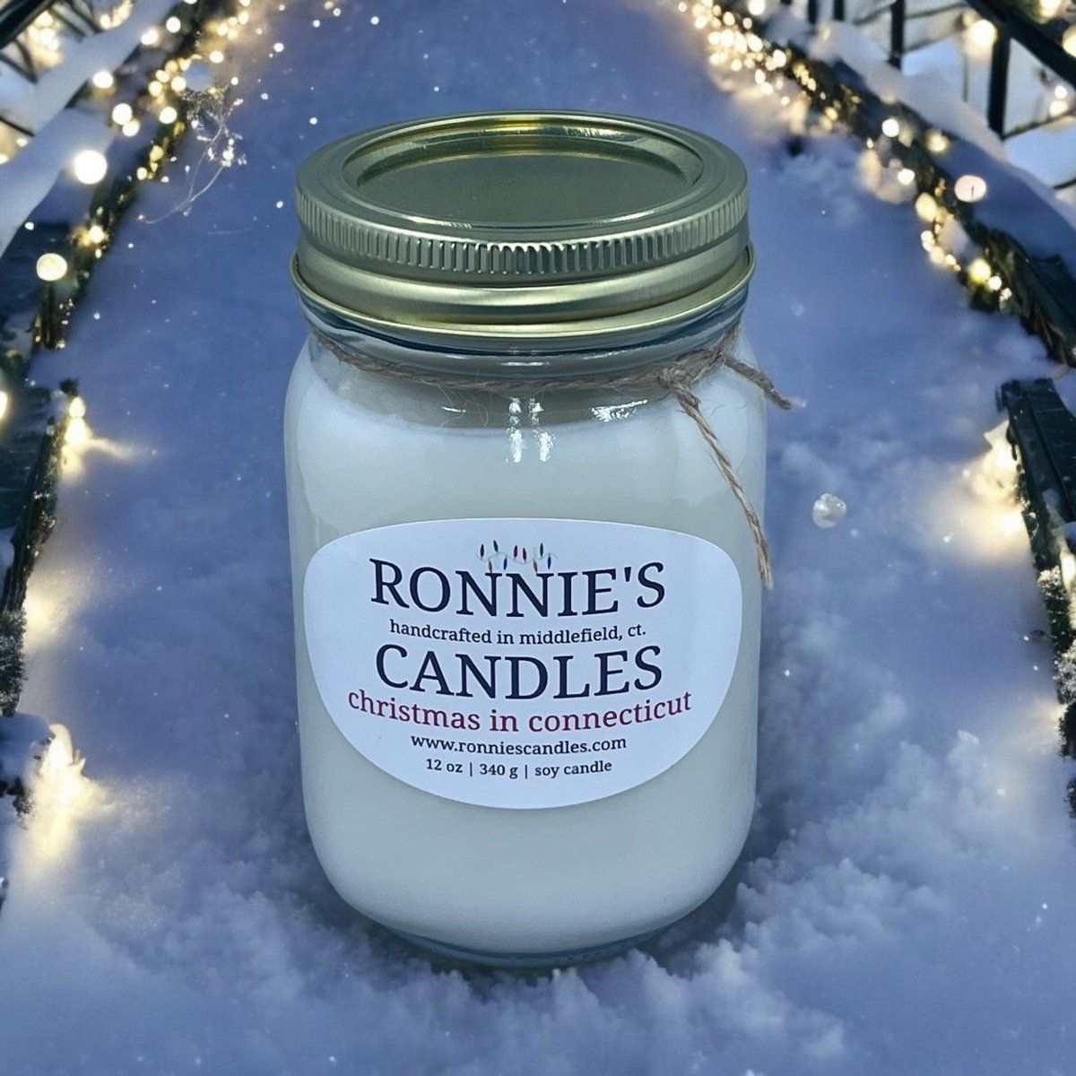 Christmas soy candle from Connecticut with strong holiday fragrance for festive seasonal ambiance