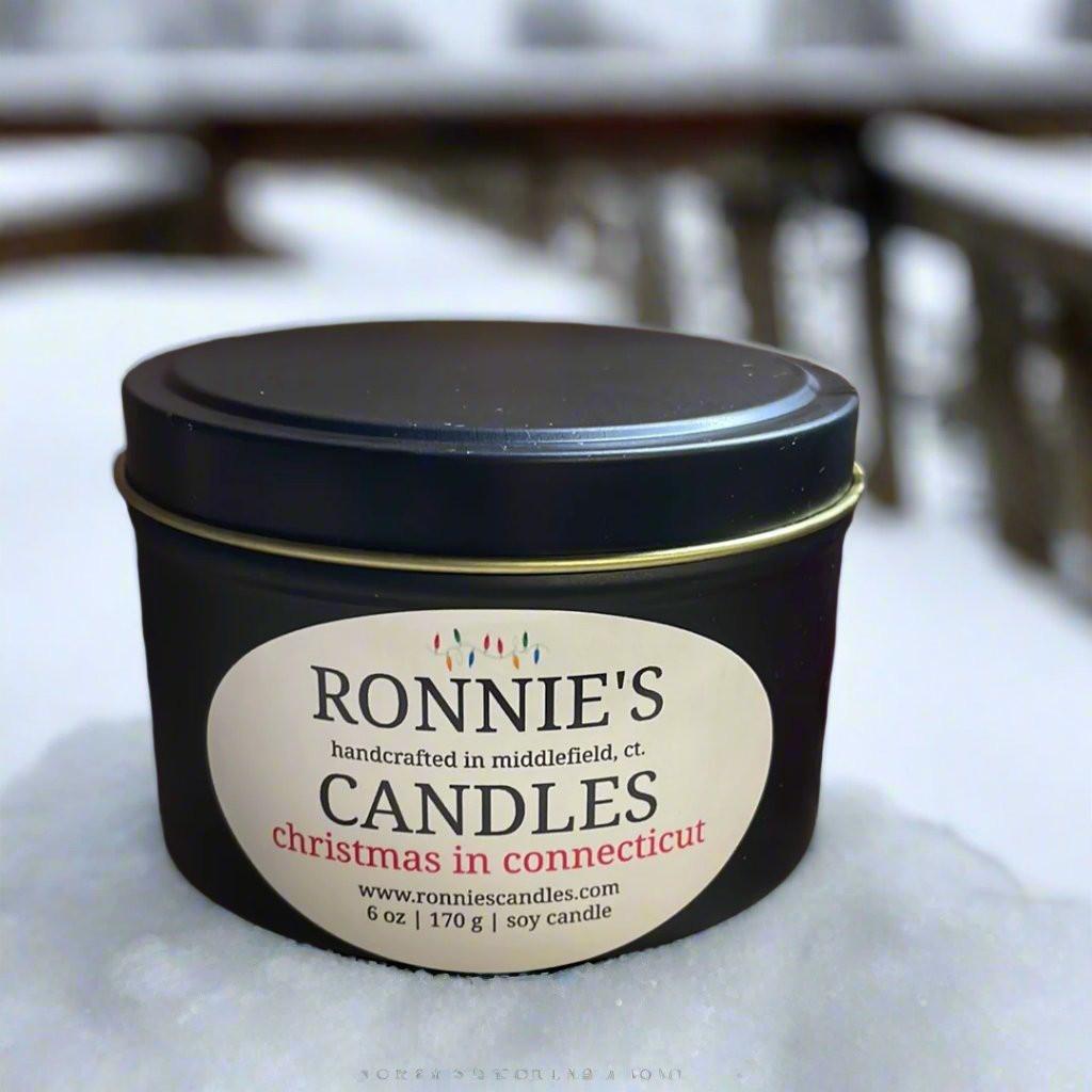 Christmas soy candle from Connecticut with strong holiday fragrance for festive seasonal ambiance