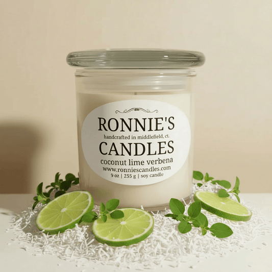 Natural soy candle with refreshing coconut and zesty lime scent, perfect for an eco-friendly home ambiance.