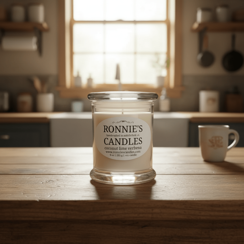 Natural soy candle with refreshing coconut and zesty lime scent, perfect for an eco-friendly home ambiance.