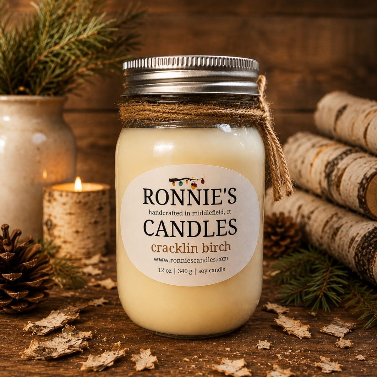 A 12 oz soy candle in a clear glass mason jar with a silver metal lid, wrapped with a rustic jute twine bow. The jar features a white label for 'Ronnie's Candles' in the scent 'cracklin birch'.